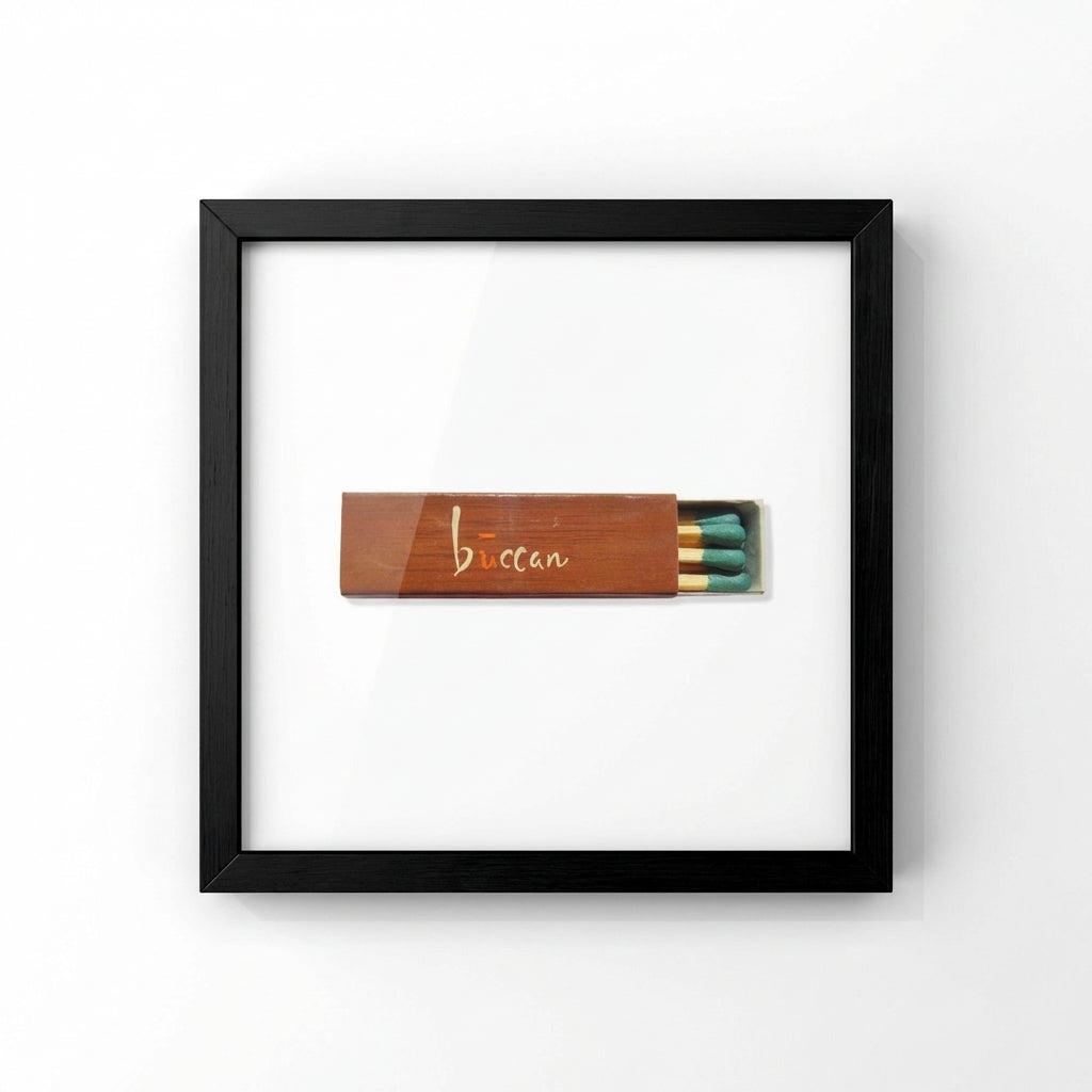 Stylish Buccan poster in a sleek frame displayed on a white wall with natural morning light highlighting craftsmanship and details.