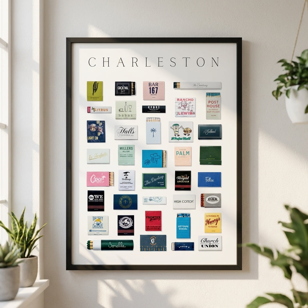 Elegant Charleston City Framed Print in a minimalistic white interior, showcasing crisp details and natural wood or black frame with soft warm lighting.