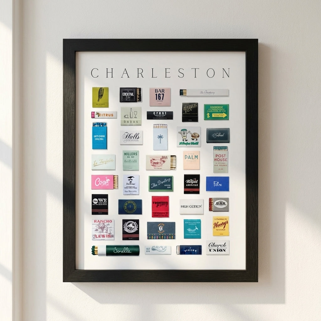 Vivid view of Charleston Matchbox Print in a cozy room, highlighting rich wooden frame, size, and detailed craftsmanship with warm lighting.