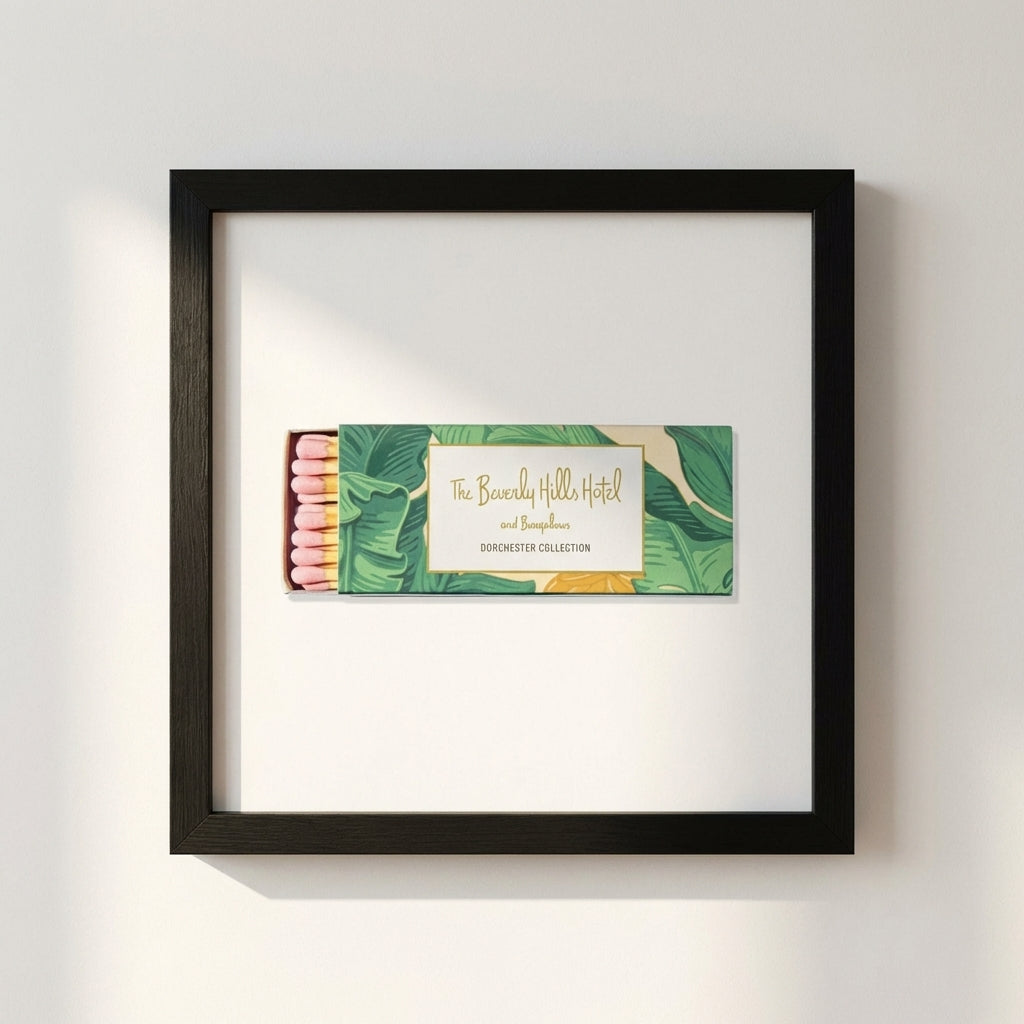 Detailed close-up of The Beverly Hills Hotel framed print showing the matte black wooden frame and high-quality print on a plain white background.