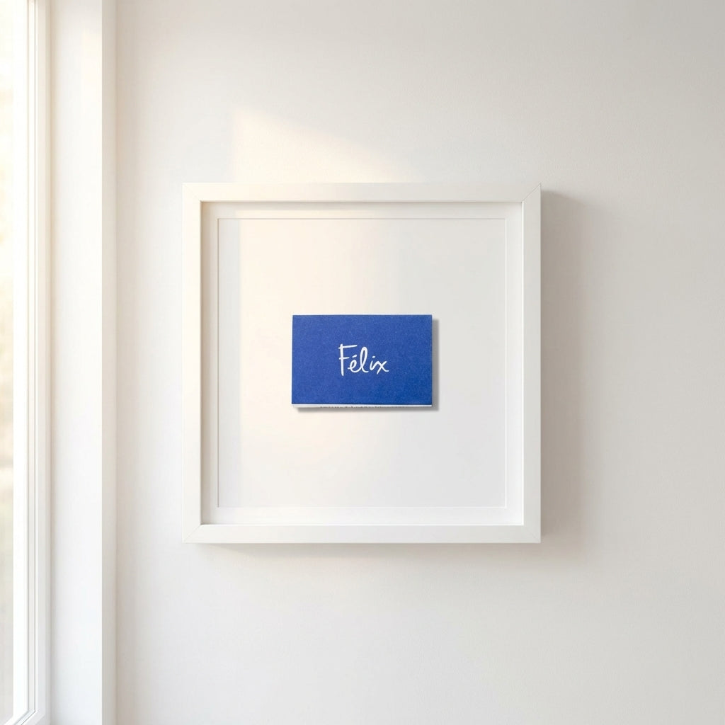 Detailed close-up of Felix framed print showcasing textured paper and wooden frame in warm natural light.