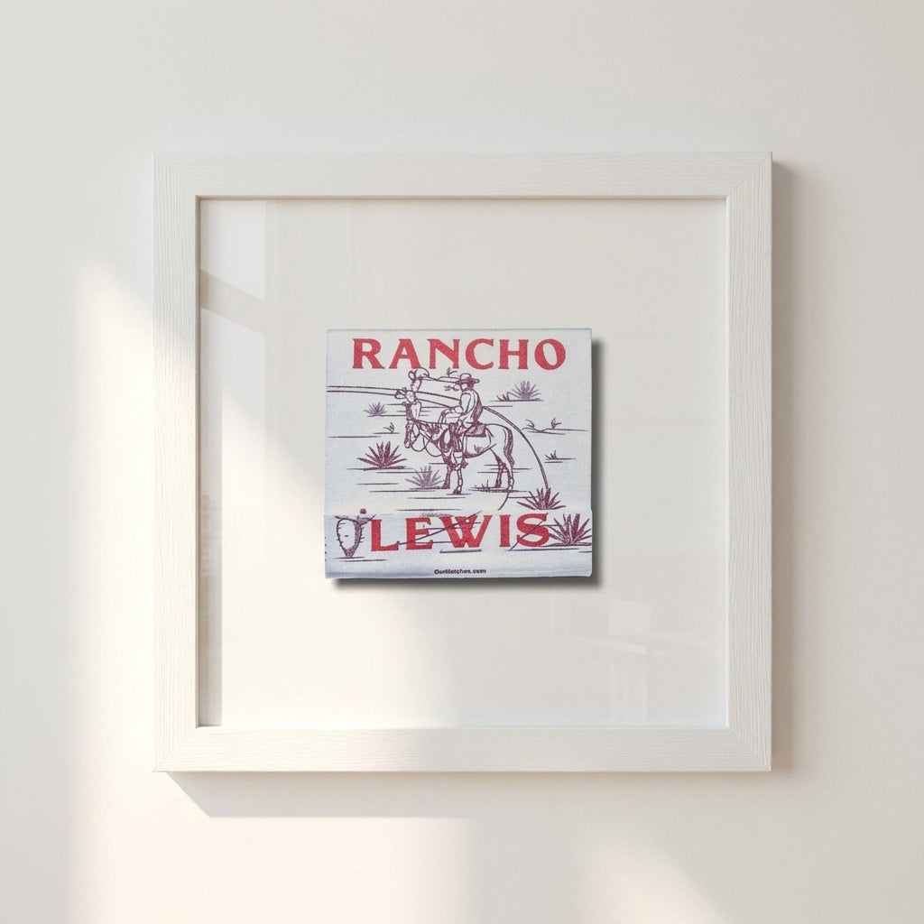 High-resolution close-up of Rancho Lewis poster framing details, highlighting textured paper and multiple frame color options in warm lighting.
