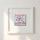 High-resolution close-up of Rancho Lewis poster framing details, highlighting textured paper and multiple frame color options in warm lighting.