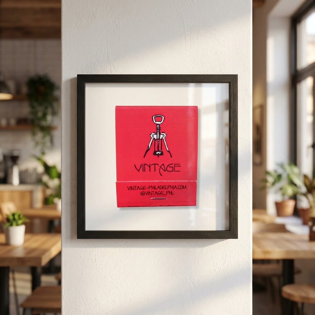 Detailed close-up of the vintage poster with white wooden frame, showing paper texture, glossy-matte finish, and subtle reflections in warm natural light.