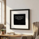 Framed Chazz print on a white wall in a cozy living room setting with warm natural light, emphasizing textured high-quality paper and wood frame.