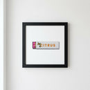 Framed Citrus Club print hanging on a wall in a cozy, well-lit living room with natural light and warm tones.