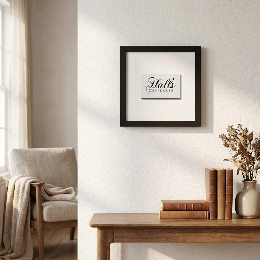 Framed Halls print hanging on a white wall in a cozy living room with warm natural light, detailed textured paper and wood frame.