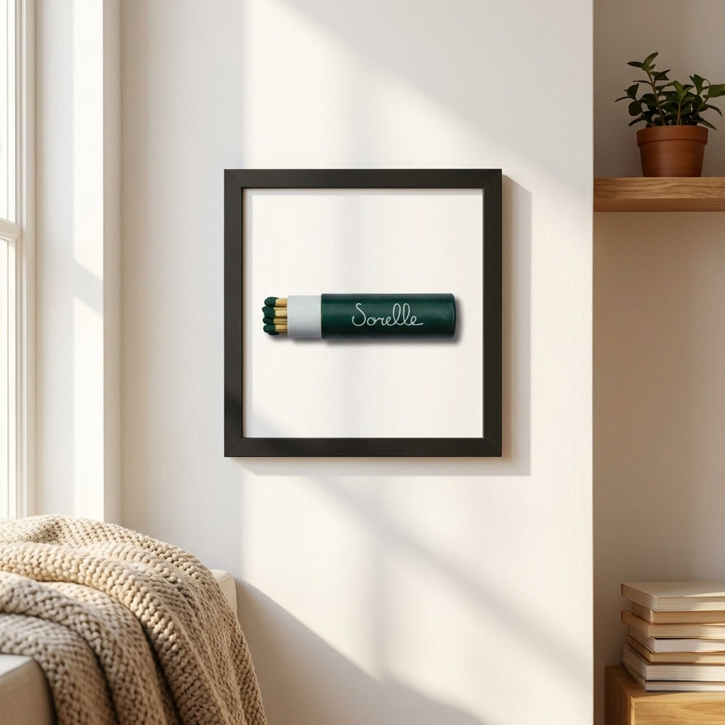 Stylish Sorelle framed print in a bright living space, showcasing detailed texture and sleek black frame in warm natural light.