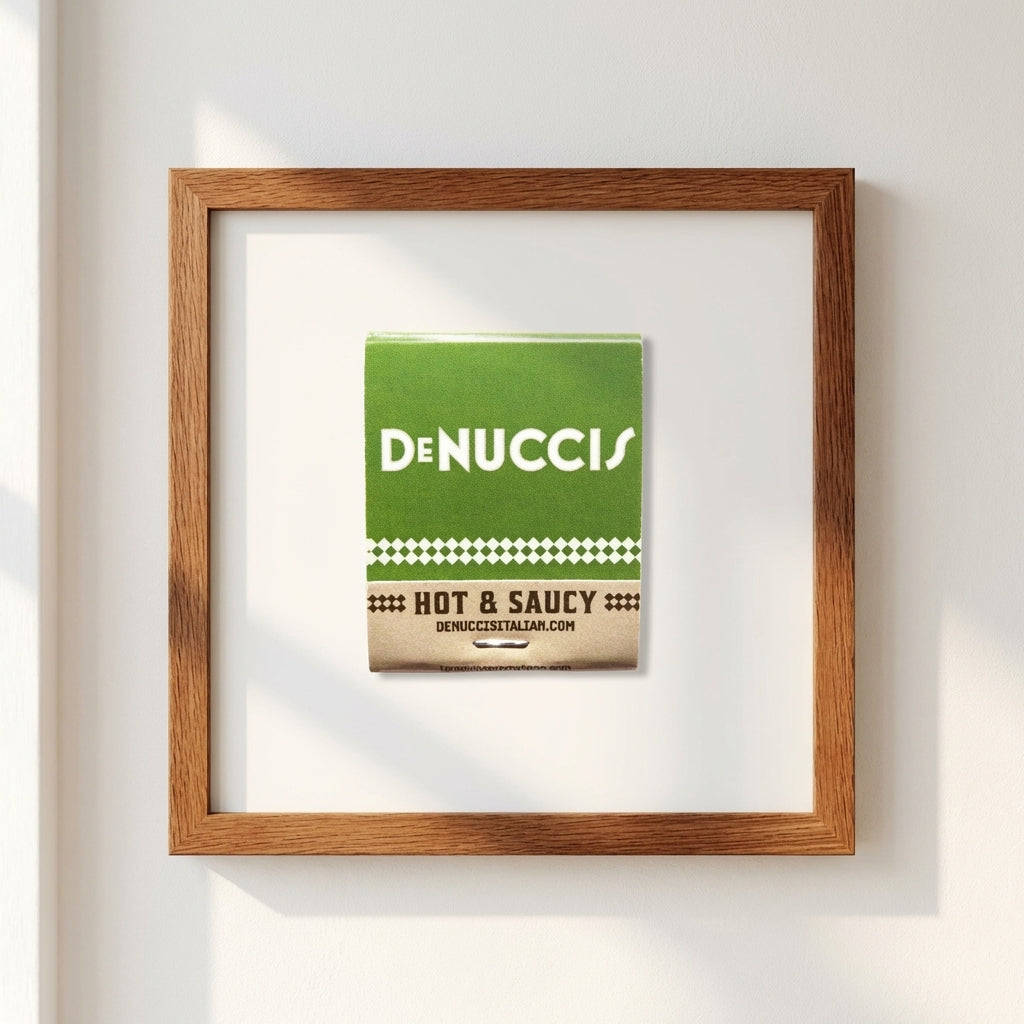 Full view of 'DeNucci’s' framed poster in a warm, inviting environment with natural light, showing micro-texture and color fidelity.