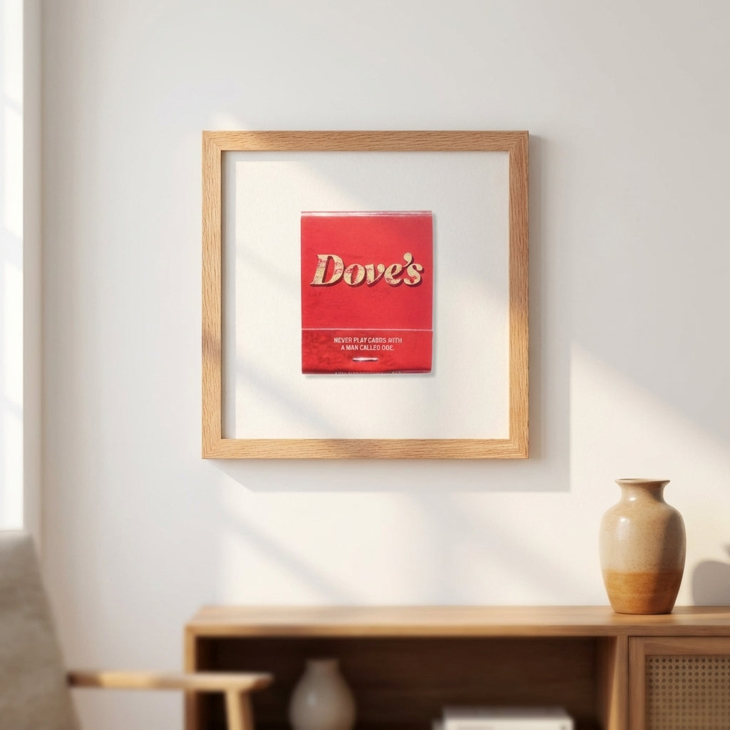 Ultra-high-resolution image of 'Dove’s Chicago' framed poster on white wall in a cozy living space, emphasizing micro-textures and inviting ambiance.