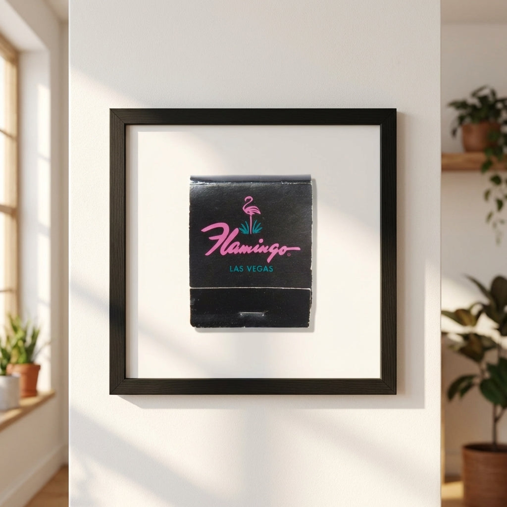 Elegant Flamingo Las Vegas framed print on a wall, illuminated by natural light, emphasizing crisp micro-details and glossy-matte finish in a cozy interior setting.