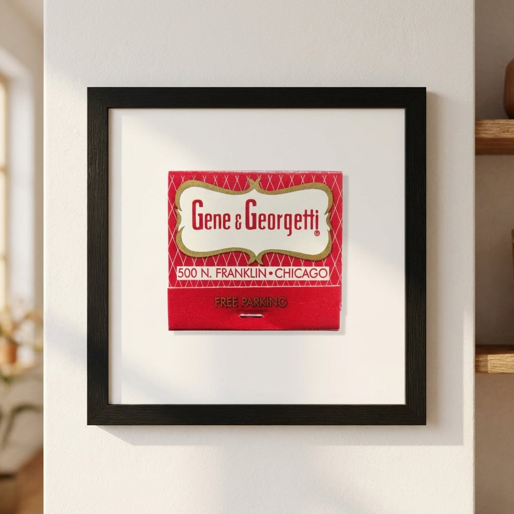 Full-body view of Gene & Georgetti framed print on white wall, featuring warm lighting, detailed wooden frame, and glossy matte paper surface in cozy setting.