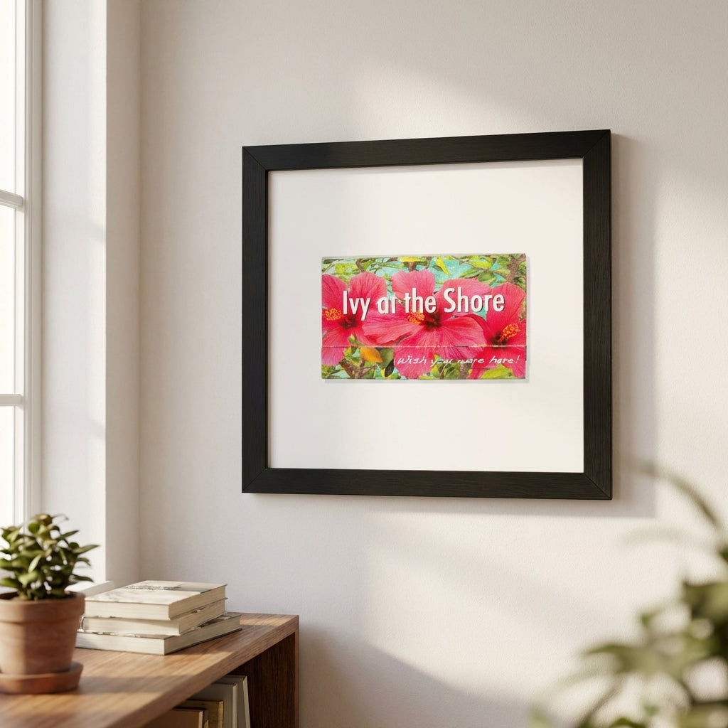 Portrait orientation 'Ivy at the Shore' framed print on white wall in a warm, lived-in home setting, emphasizing texture, quality, and cozy ambiance.