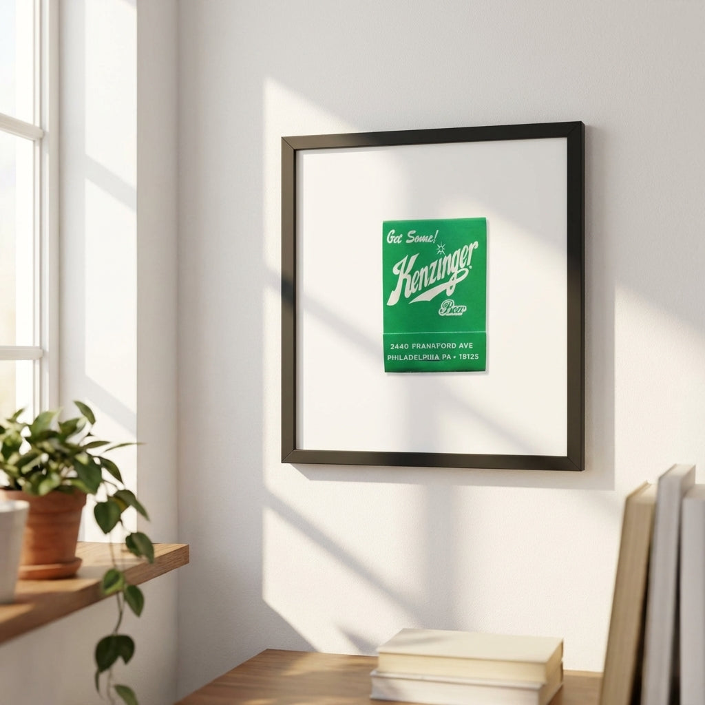 Professional shot of Kenzinger poster in a wooden frame on a white wall, emphasizing texture, detail, and natural warm daylight in a stylish living room.