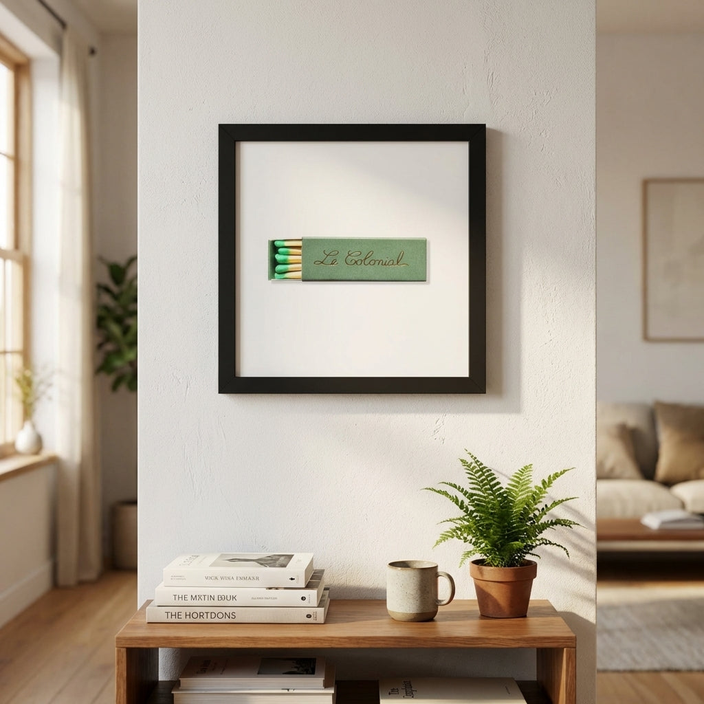 Crisp full-view of 'Le Colonial' framed print on a white wall in a warm inviting space, with natural light and detailed ayous wood frame showcasing craftsmanship.