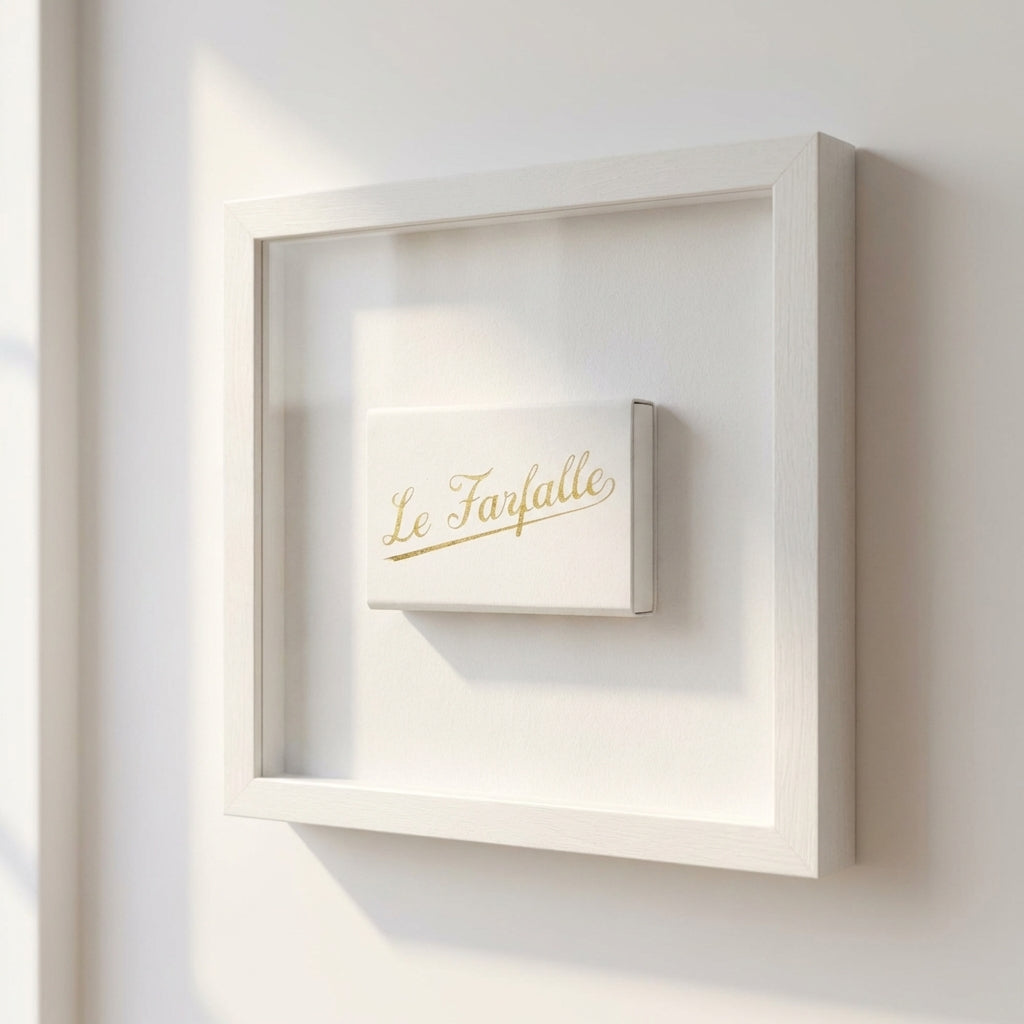 Close-up of Le Farfalle framed print with glossy and matte finishes, highlighting texture and premium quality in warm natural light.