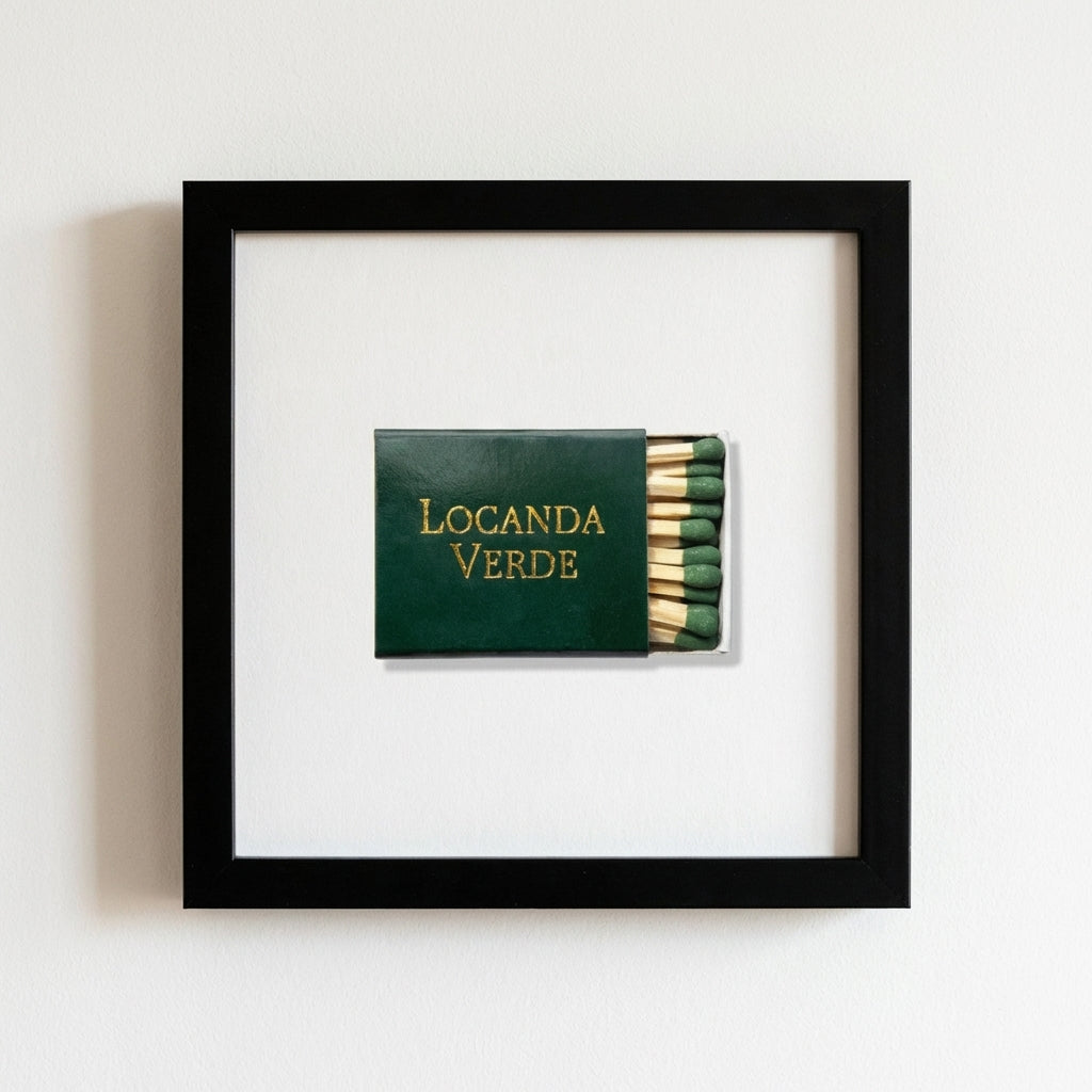 High-resolution 14x14 inch Locanda Verde framed print on wall, showcasing textured paper and professional composition in cozy, well-lit space.