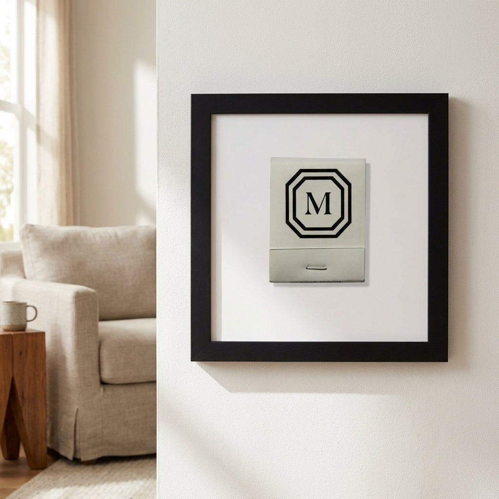 Close-up of Mark Hotel framed print on white wall in inviting living room with warm lighting and detailed wooden frame.