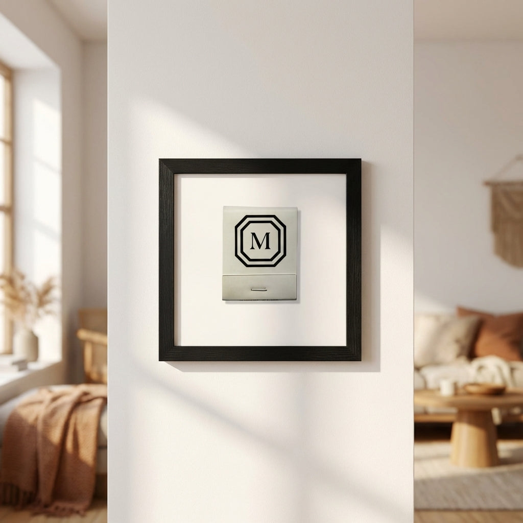 Framed Mark Hotel print on white wall in cozy living room with warm natural light and wooden frame.