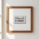 Church & Union framed print displayed in a minimalistic interior with warm sunlight and neutral wall.