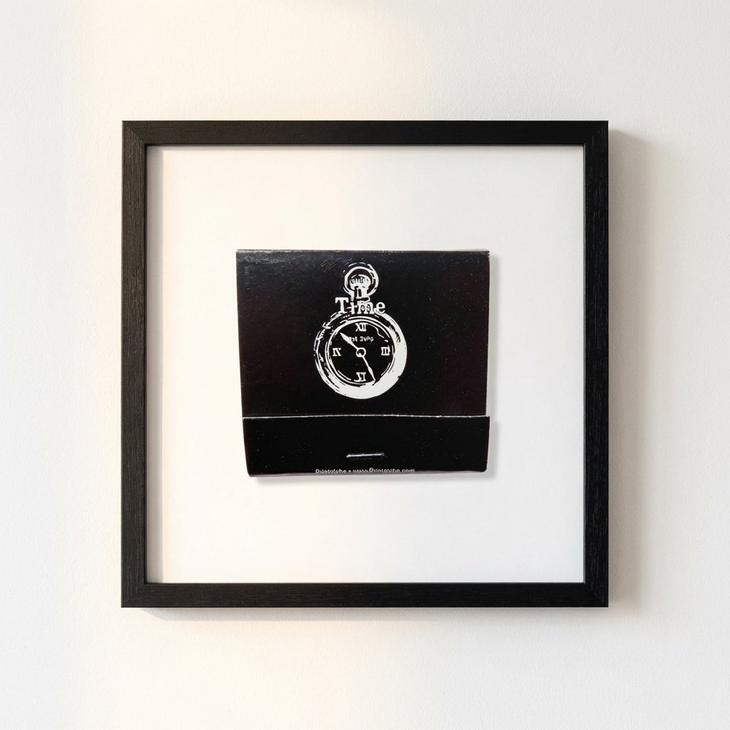Clean, modern 'Time' poster framed in ayous wood with glossy-matte finish on a white background, emphasizing fine details and craftsmanship.