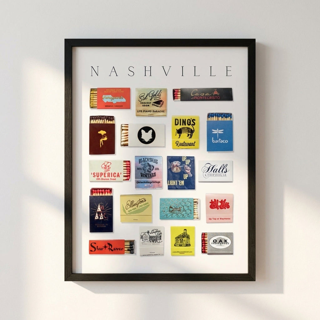 Full view of Nashville Matchbox Print framed poster on minimalist white wall, showcasing crisp paper texture and natural wood frame with warm lighting and soft shadows.