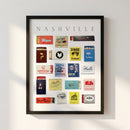 Full view of Nashville Matchbox Print framed poster on minimalist white wall, showcasing crisp paper texture and natural wood frame with warm lighting and soft shadows.