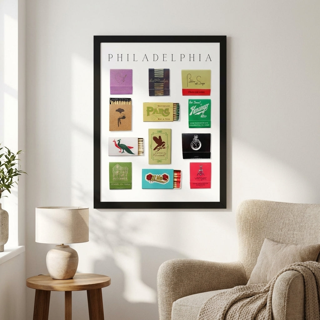 Full view of Philadelphia framed print hanging in a warm, cozy living room with soft natural lighting and detailed wood frame, 24x36 inches.