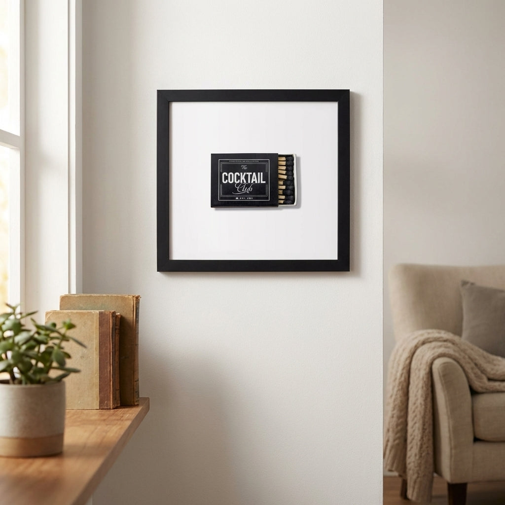 Sharp image of Cocktail Club framed print displayed on a white wall in a warm, inviting room with natural lighting and detailed textures.