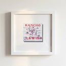 Framed Rancho Lewis poster on wall in cozy setting, illuminated by warm natural light, showcasing high-quality paper and wood frame.