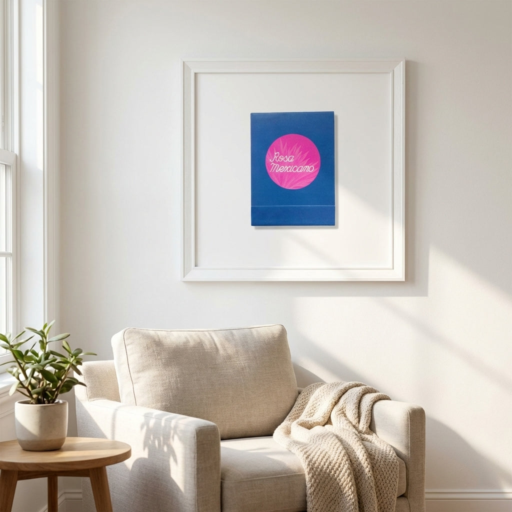High-resolution Rosa Mexicano framed print in a cozy living space, illuminated by natural warm light, highlighting realistic textures and a clean white background.