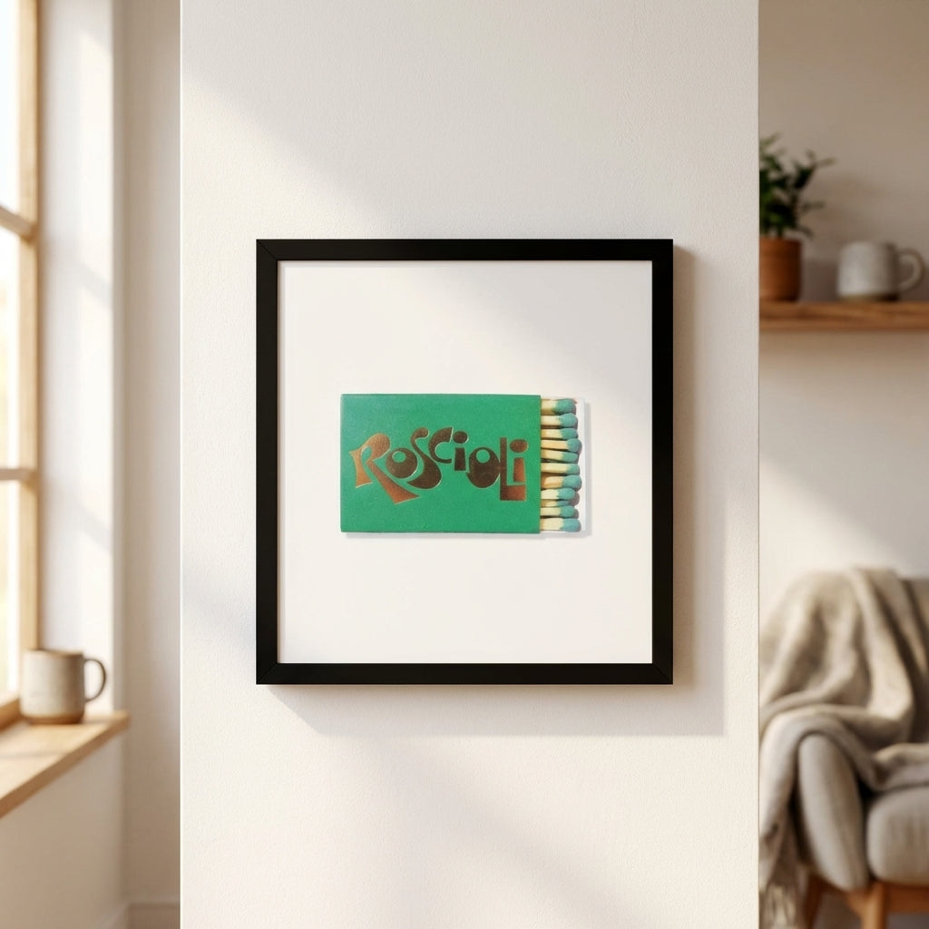 Full view of the Roscioli NYC framed poster mounted on a white wall in a warm, relaxed space, emphasizing the detailed wood grain and crisp print.