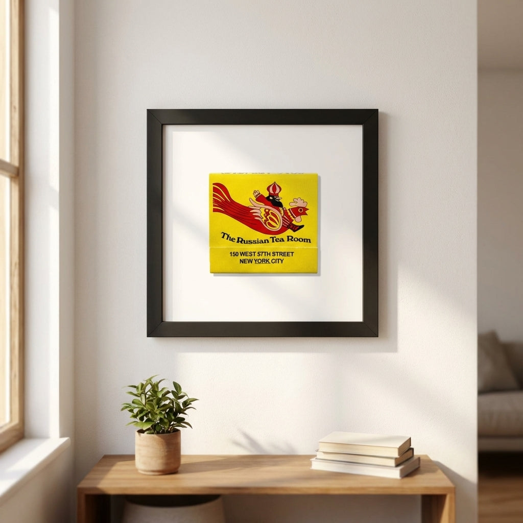 Full view of Russian Tea Room framed print in a cozy living room with warm lighting, highlighting vibrant artwork and crisp white frame.