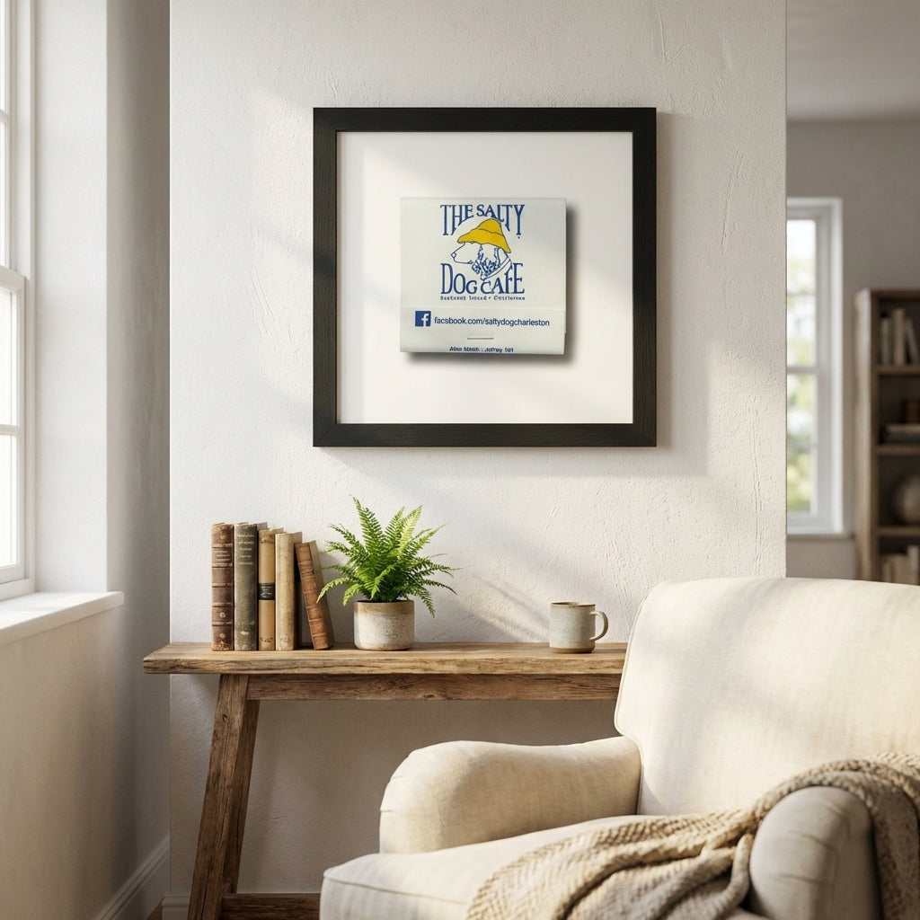 Framed print of The Salty Dog Cafe hanging on a white wall in a cozy, naturally lit living room, showcasing warm natural light and matte paper texture.