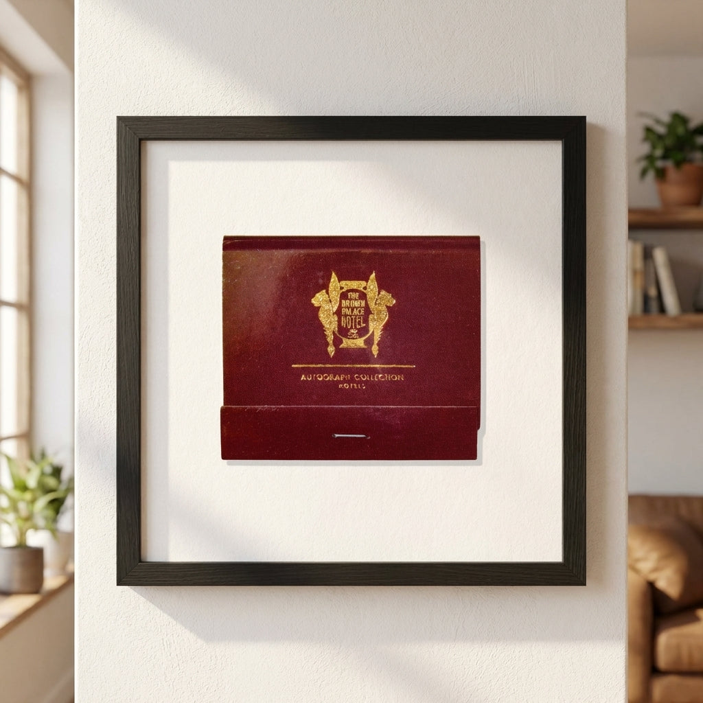 High-resolution image of The Brown Palace Hotel poster displayed in a cozy living room, with natural lighting and realistic shadow details.