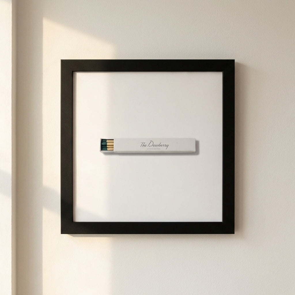 High-quality framed poster of The Dewberry hanging on a white wall in a warm, inviting living room scene, highlighting its glossy-matte finish and wooden frame.