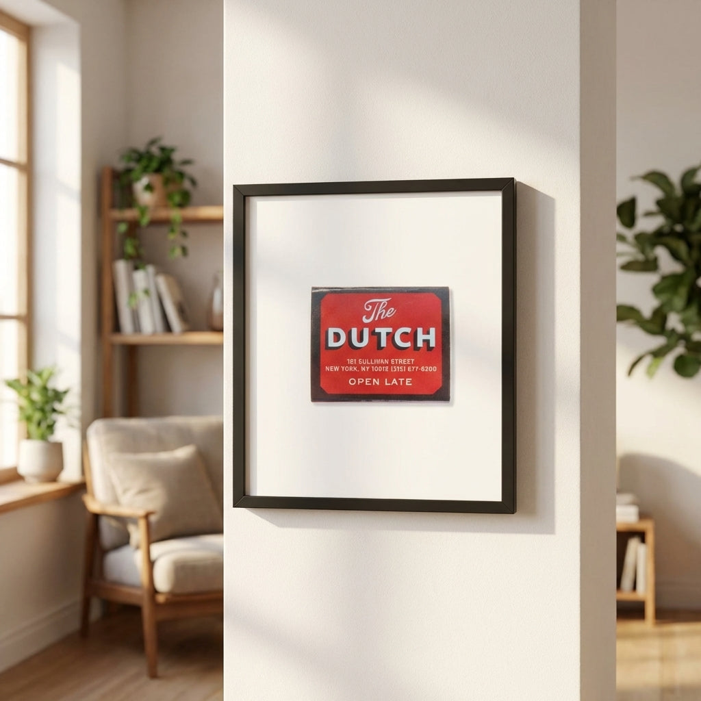 Framed 'The Dutch NYC' poster on a white wall in a cozy living room, illuminated by natural light, showcasing high-quality paper finish and black frame.