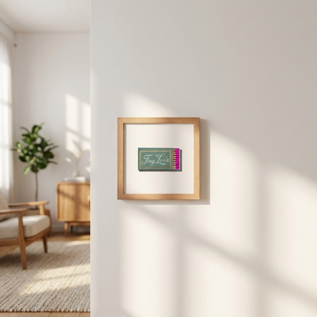10x10 inch Tiny Lou’s framed print in a bright living room, warm natural light, textured matte paper, stylish cozy decor.