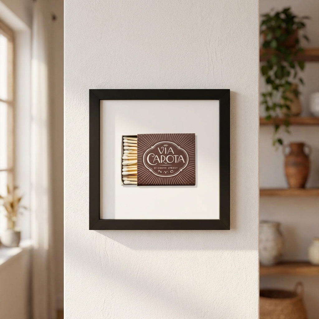 High-resolution image of Via Carota framed print on a white wall in a warmly lit room, emphasizing its high-quality paper and wooden frame.