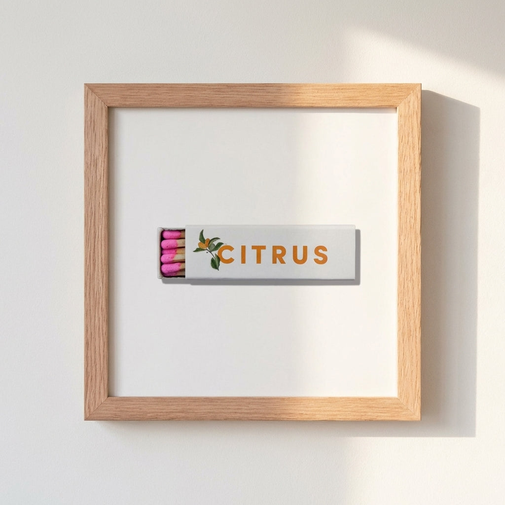 High-resolution shot of Citrus Club framed print on a wall with soft natural light highlighting its matte finish and wooden frame.