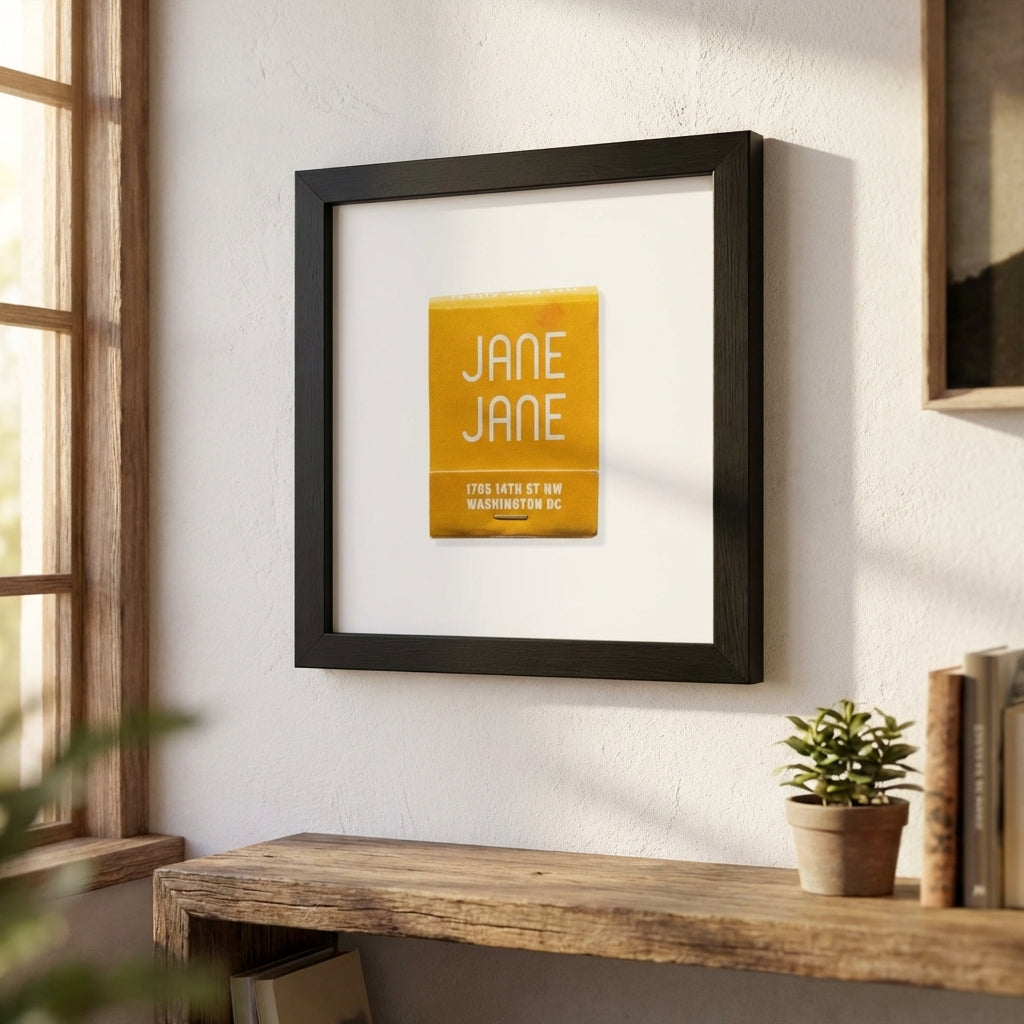 Crisp view of the 'Jane Jane' framed poster on a white wall in a bright living room with warm natural lighting and detailed wood frame.